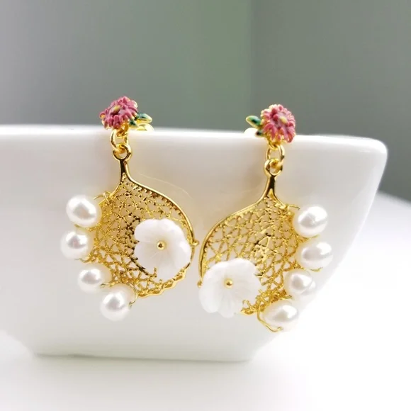 Plum Blossom 18k Gold Plated Peal Earrings $39 - Picture 1 of 6